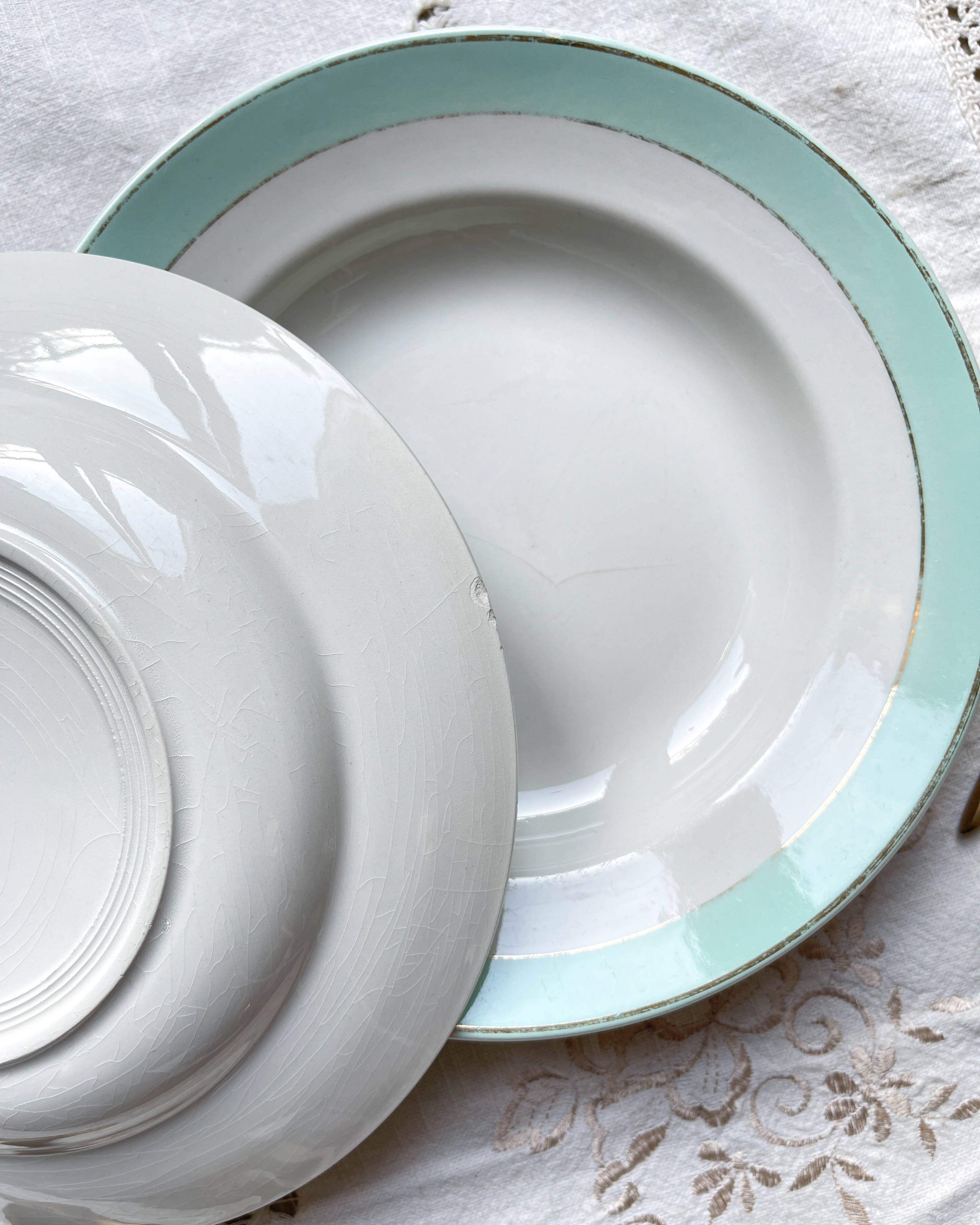 6 vintage LUNEVILLE earthenware soup plates, white, green and gold