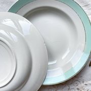 6 vintage LUNEVILLE earthenware soup plates, white, green and gold