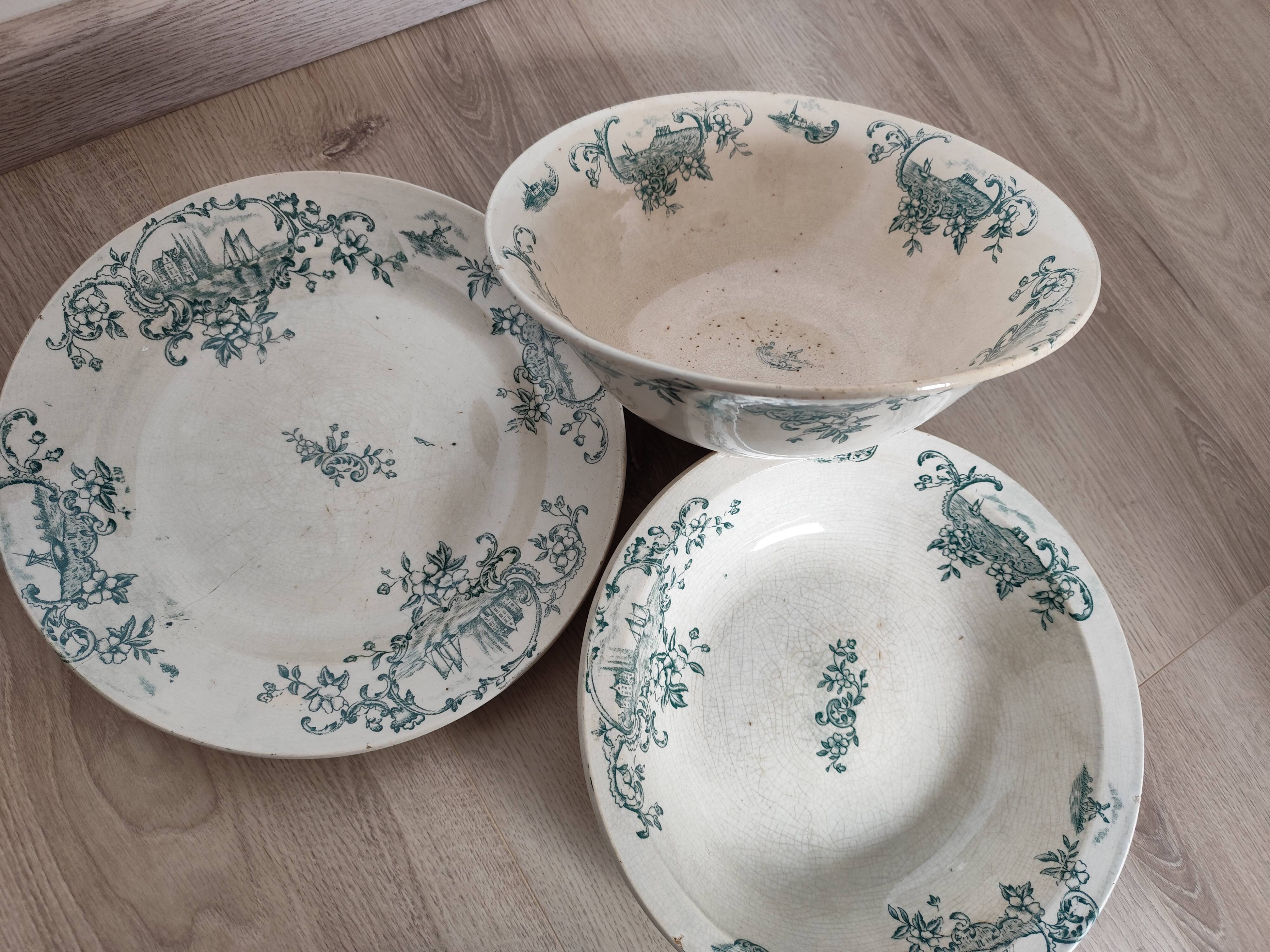 Trio of dishes: Salad bowl, Vegetable dish & Deep plate Faïence de Lyon Model