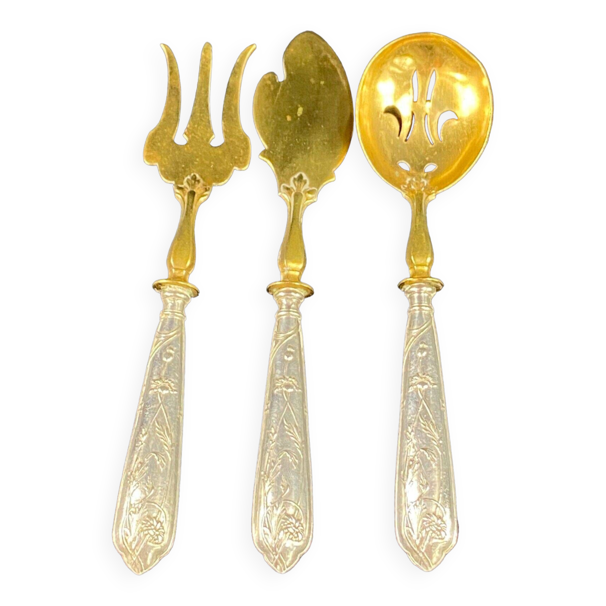 Suite of 3 dessert service elements with silver handles and sprinkler spoon