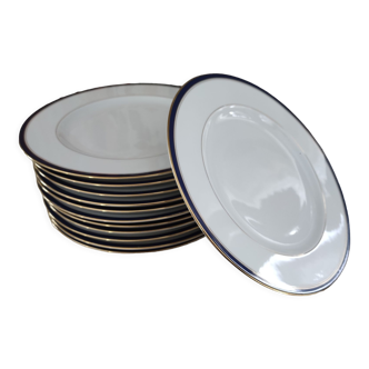 Lot 2 of 12 Limoges porcelain plates bordered midnight blue and gold