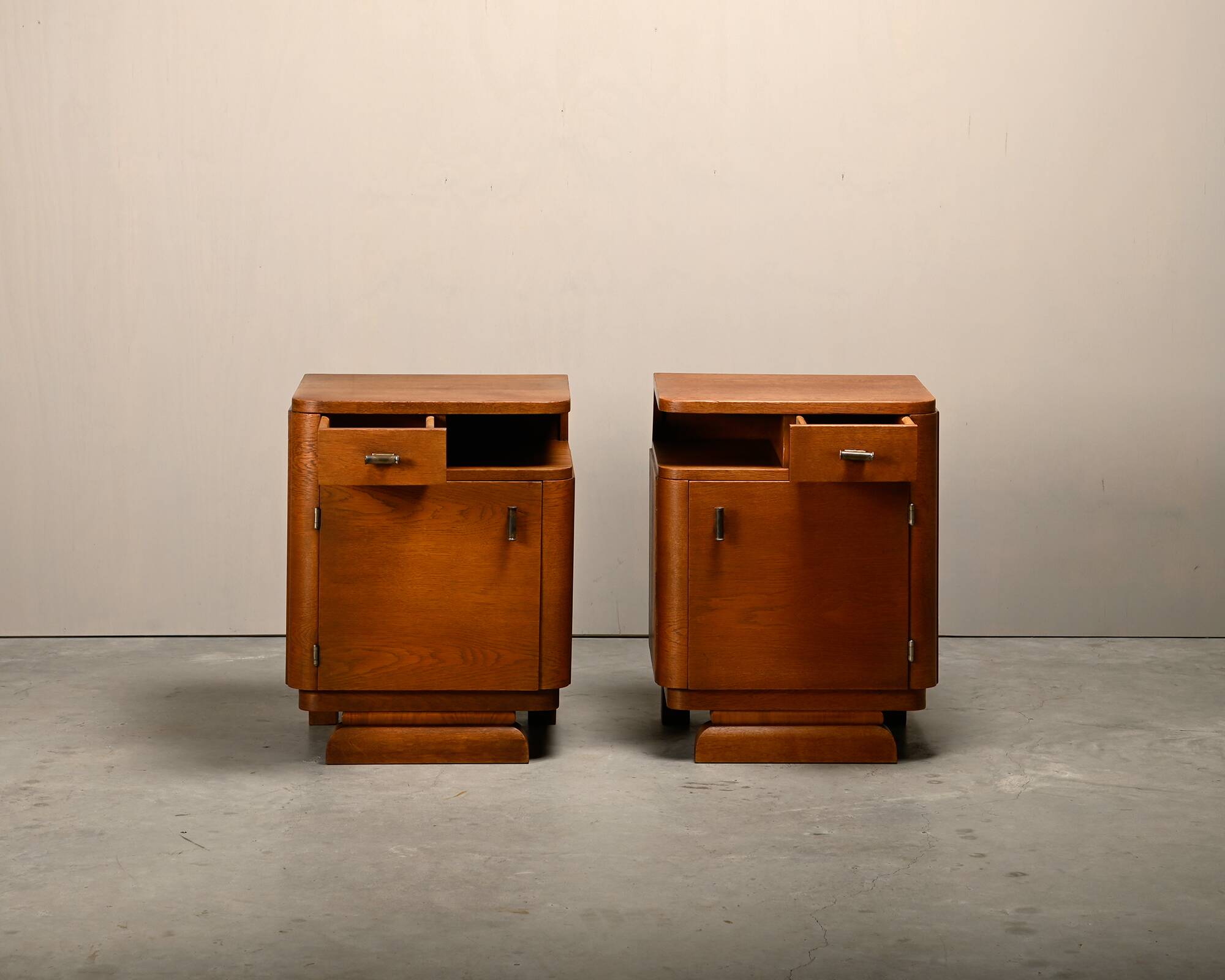 Pair Art Deco Nightstands or Bedside tables Oak and Glass, Netherlands, 193