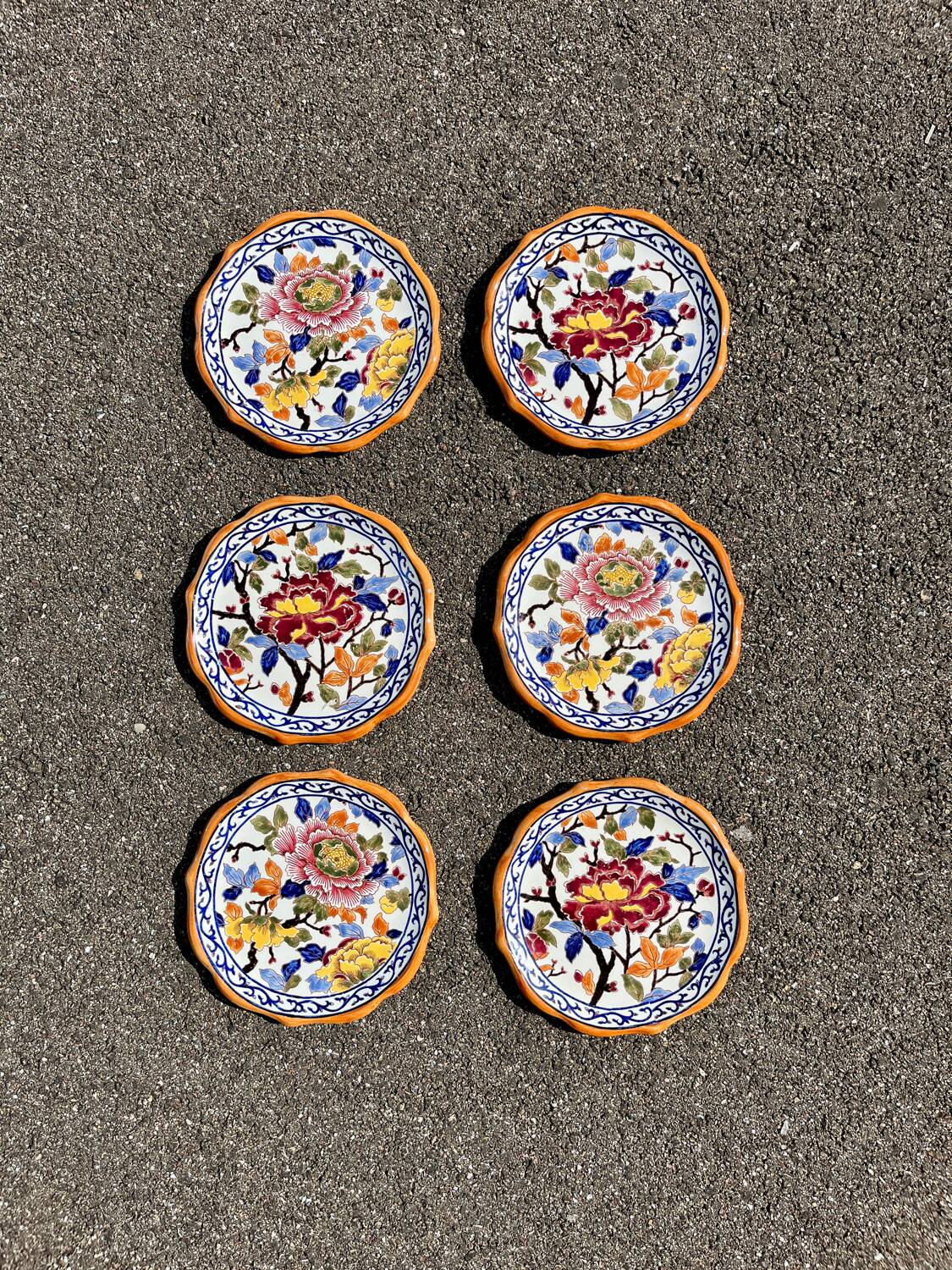 Set of 6 Gien earthenware dessert plates with peony decor