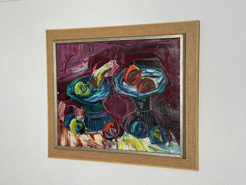 Original mid-century European oil on canvas – “Still Life” by Roy – dated 1969 – vintage & framed – 75 × 64 cm (29.5" × 25.2")
