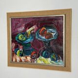 Original mid-century European oil on canvas – “Still Life” by Roy – dated 1969 – vintage & framed – 75 × 64 cm (29.5" × 25.2")
