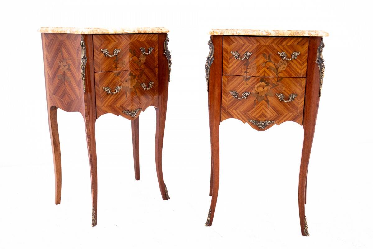 Antique bedside tables with stone top, France, circa 1910.