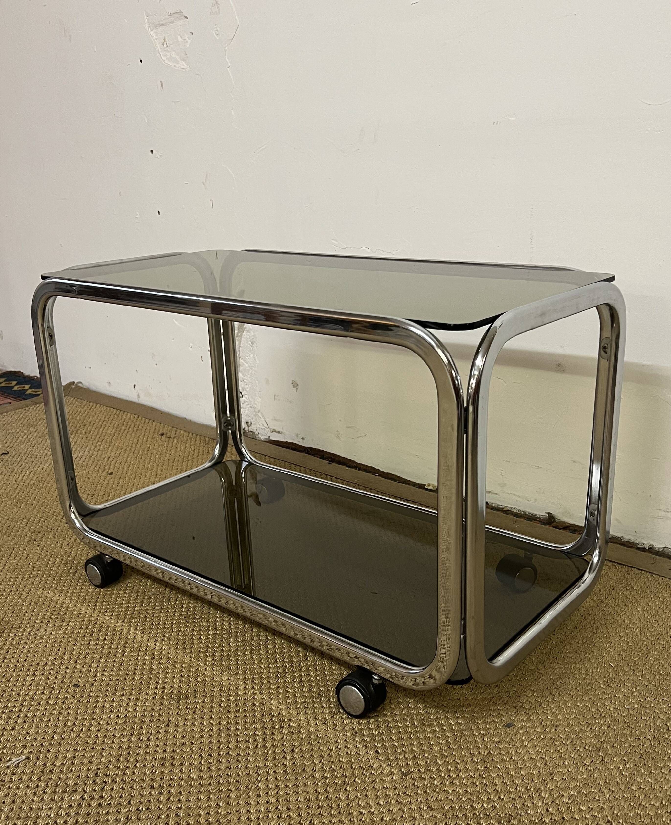 Metal and smoked glass rolling trolley / Bar cart from the 70s