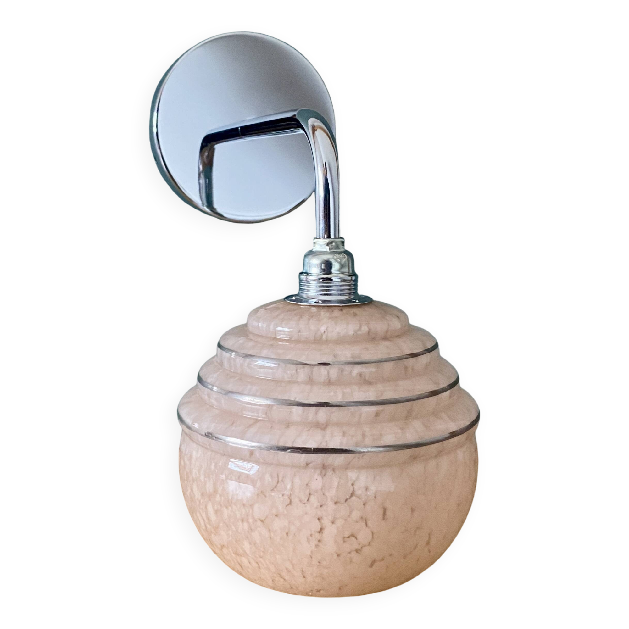 Vintage golden globe elbow wall light in pink and silver Clichy glass