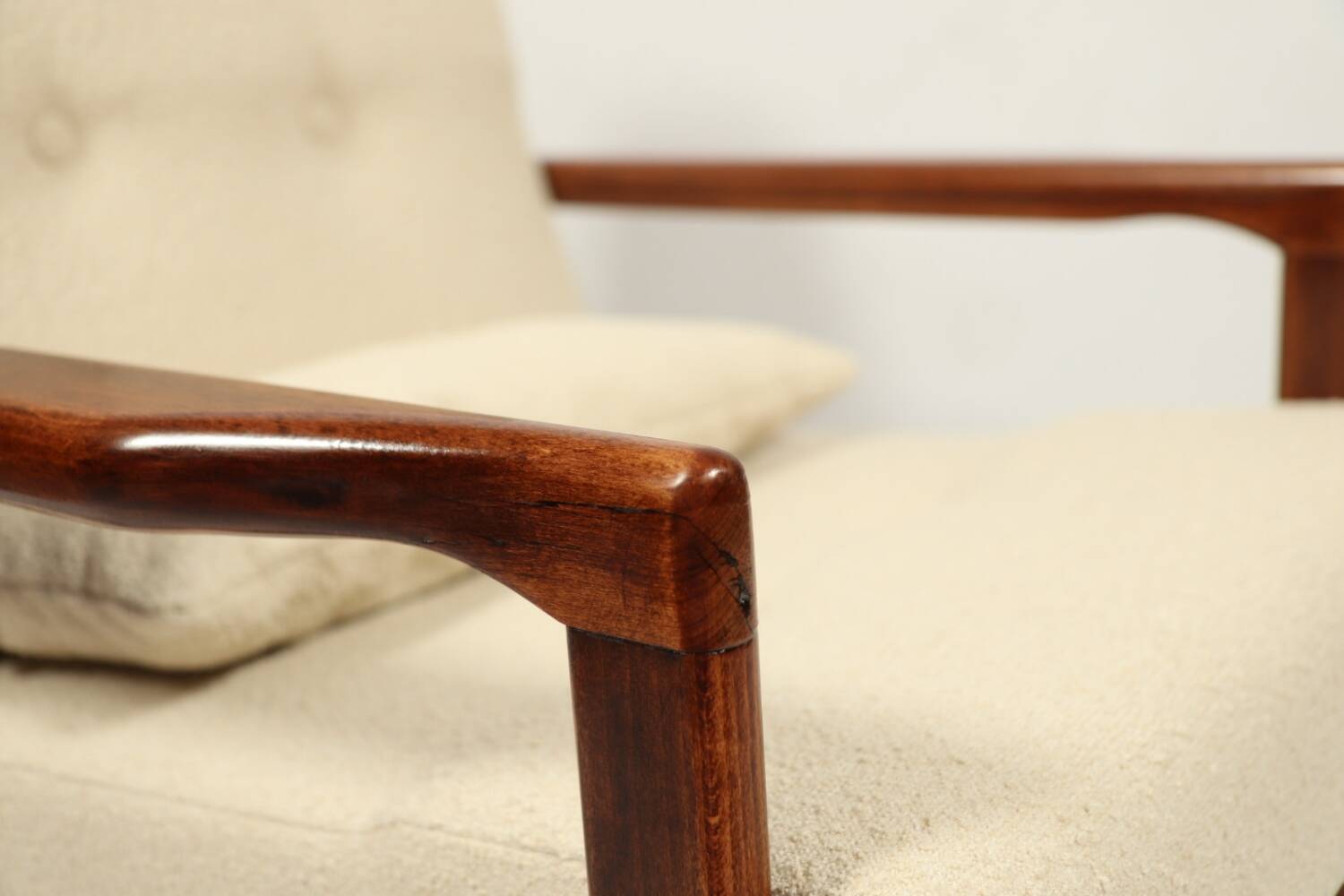 Vintage dark wood beige bouclé armchair by Z.Baczyk 1965