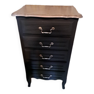 Black and grey painted wooden chest of drawers from France 1950 with 5 drawers