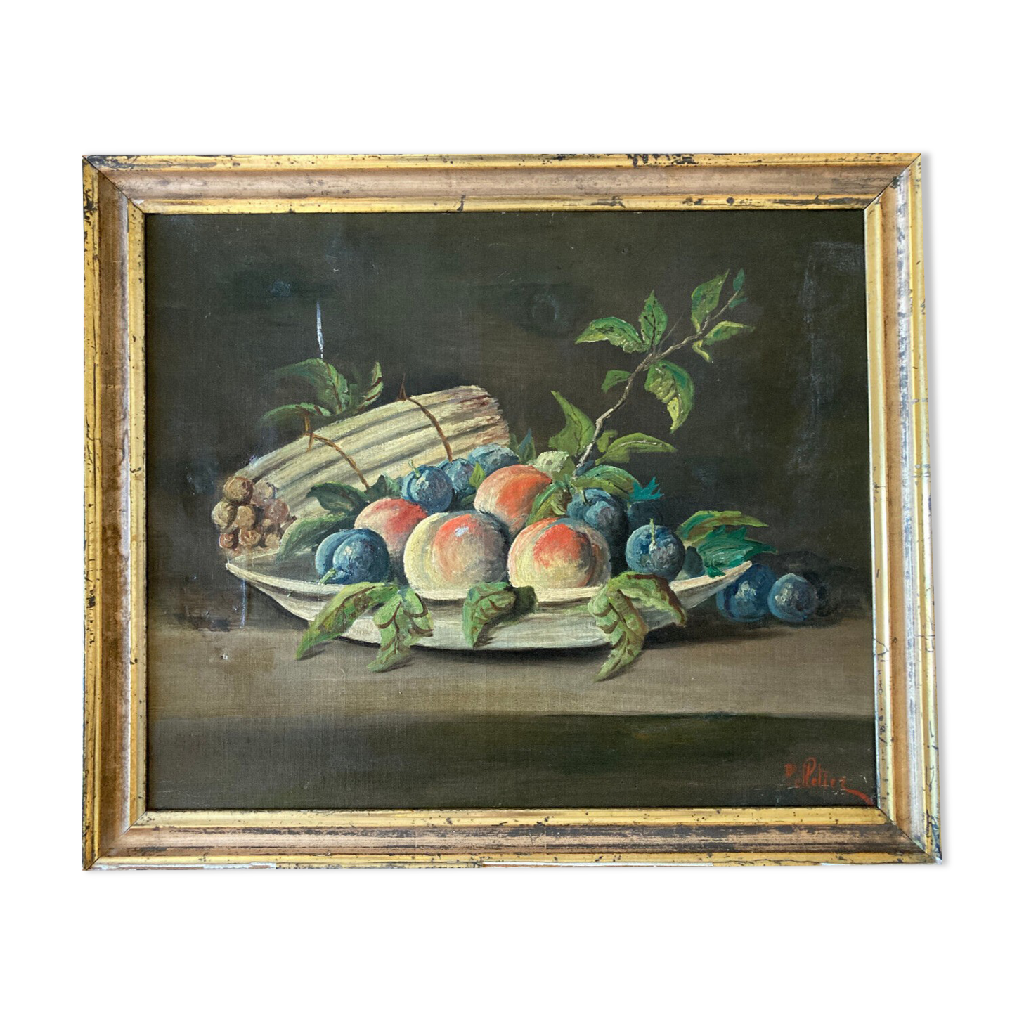 Old painting - dead natrue: fruit platter and asparagus - nineteenth - golden frame