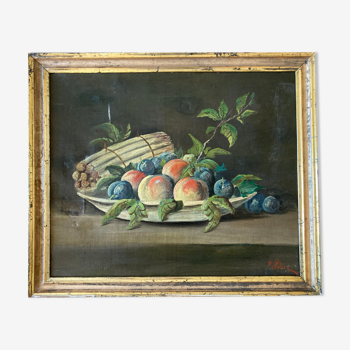 Old painting - dead natrue: fruit platter and asparagus - nineteenth - golden frame