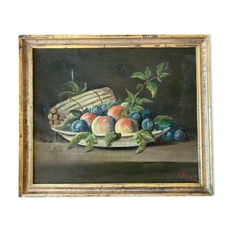 Old painting - dead natrue: fruit platter and asparagus - nineteenth - golden frame