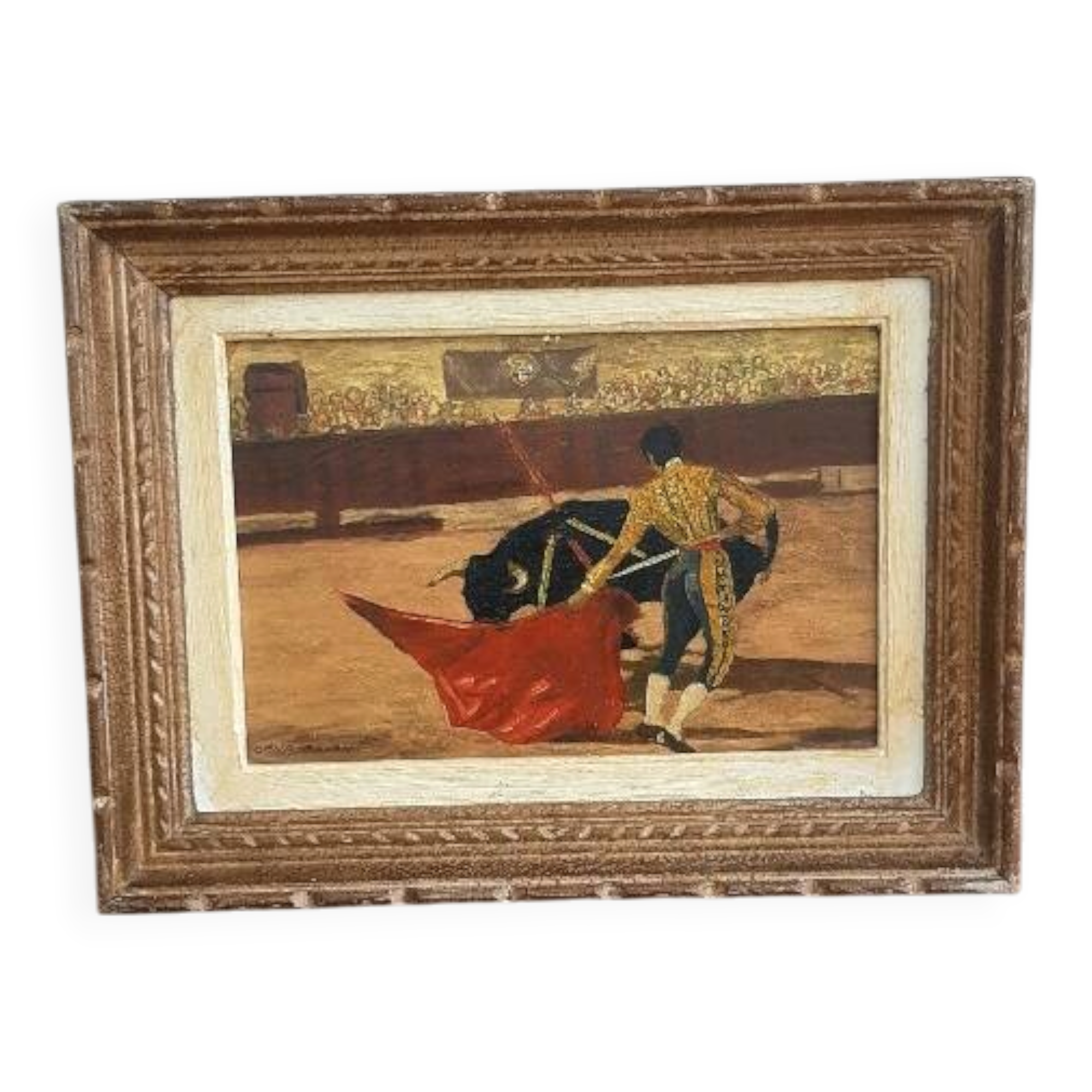 Oil on cardboard, bullfighting scene, mid-20th century.