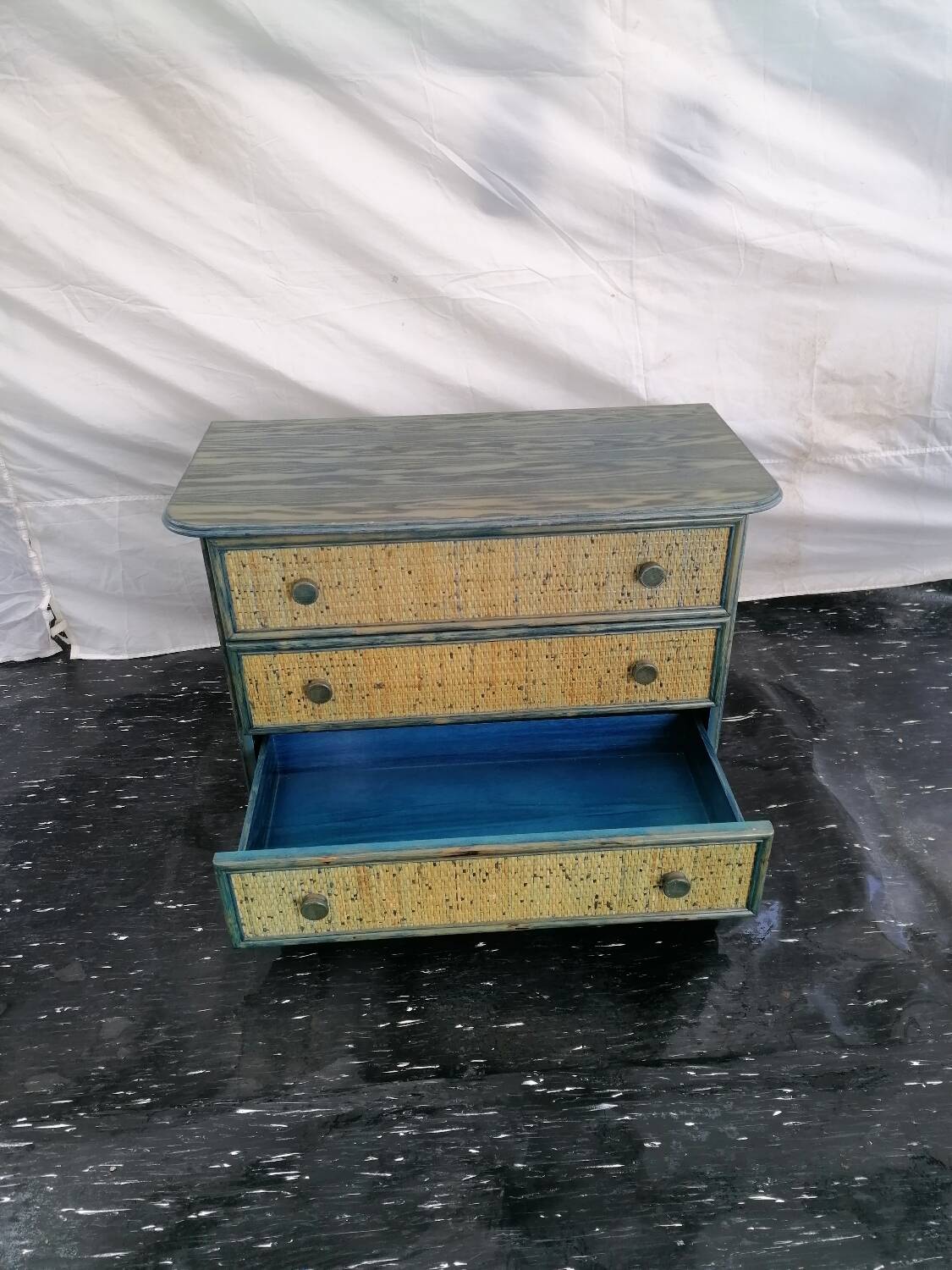 Maugrion chest of drawers in green and blue rattan