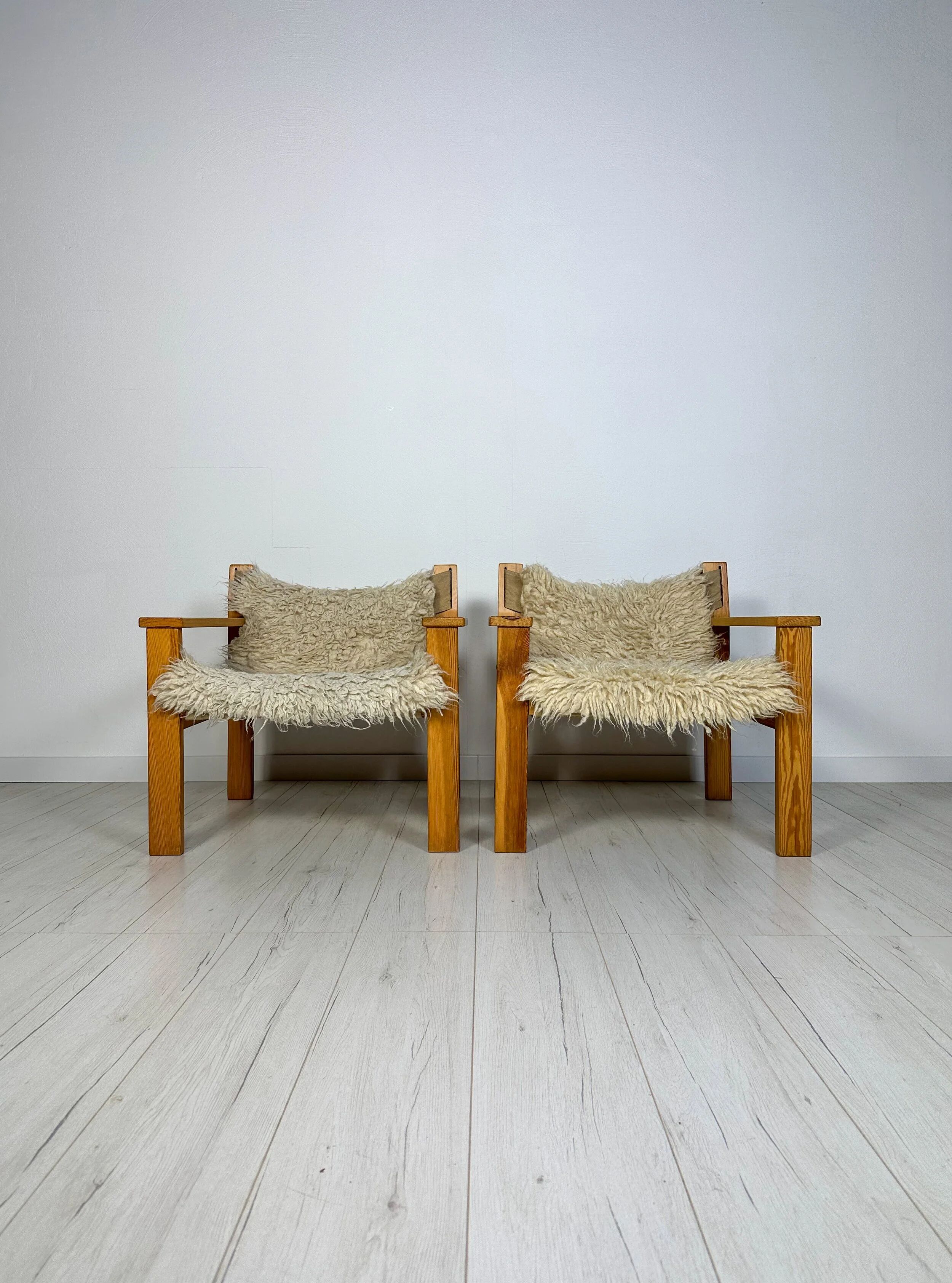 '70s set of 2 pine & canvas lounge chairs by Erik Wørts for IKEA