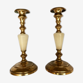 Pair of brass and alabaster candleholders