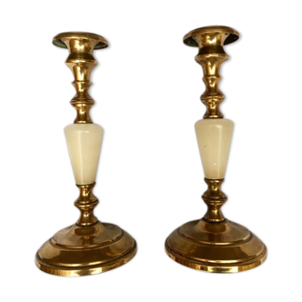 Pair of brass and alabaster candleholders