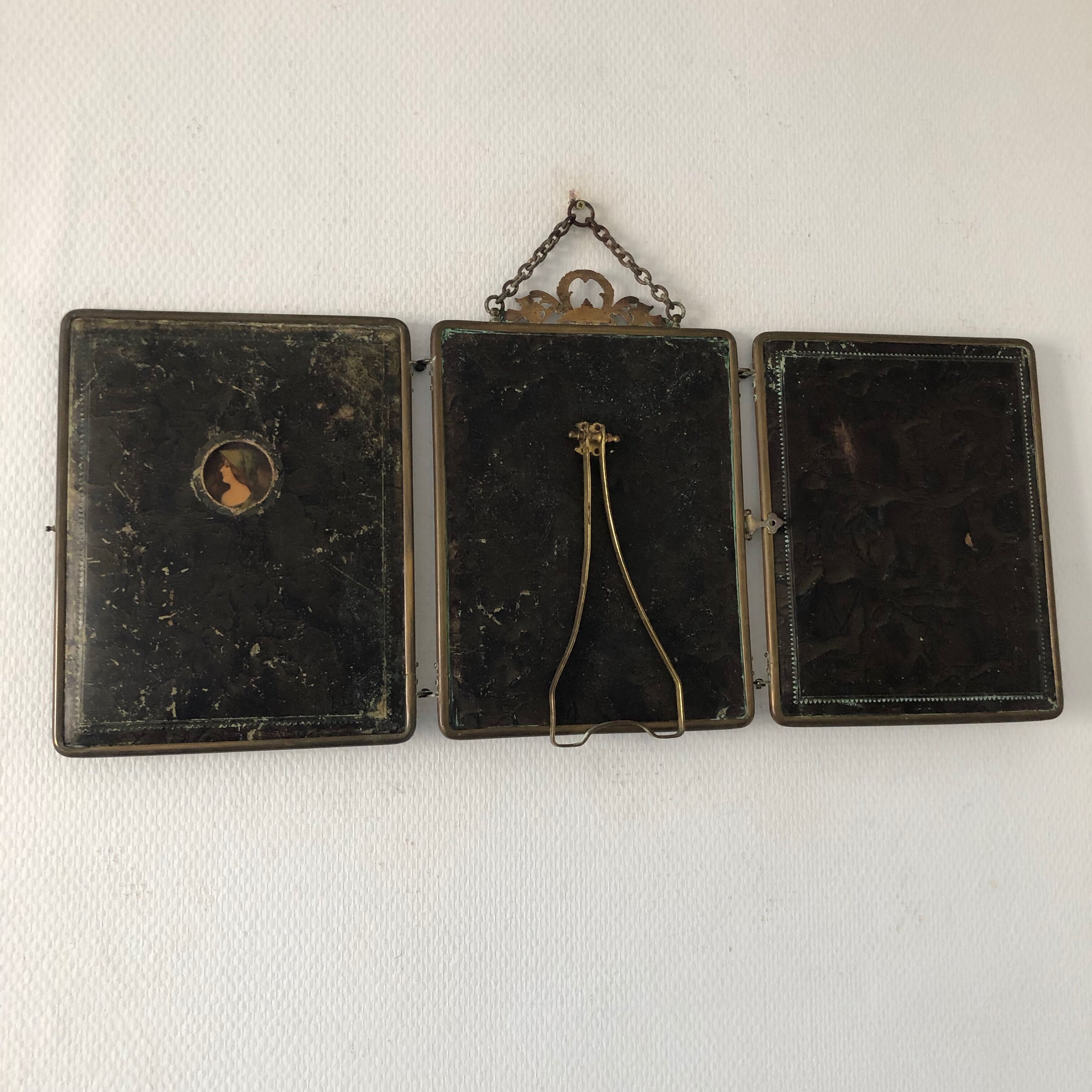 Mirror triptych Barber brass nickeled vintage 1920, 28x67cm