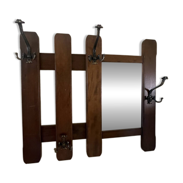 Vintage wooden wall coat rack with mirror