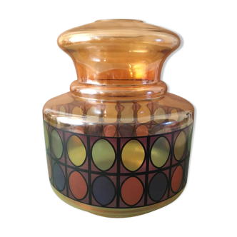 Amber colored glass globe from the 70s. mosaic patterns screen-printed in color