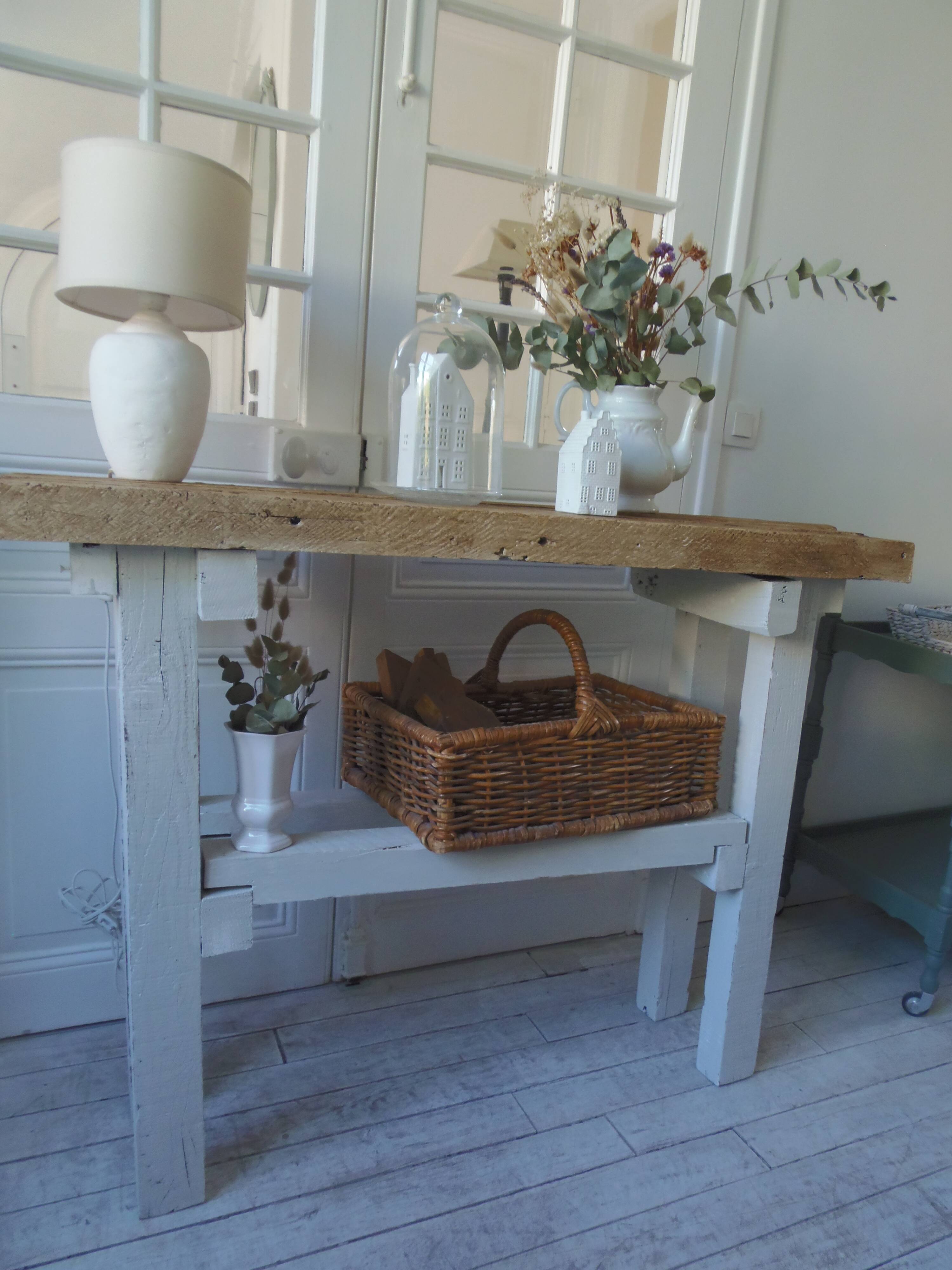 Vintage workbench with pearl gray patinated base and wooden top