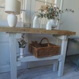 Vintage workbench with pearl gray patinated base and wooden top