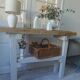 Vintage workbench with pearl gray patinated base and wooden top