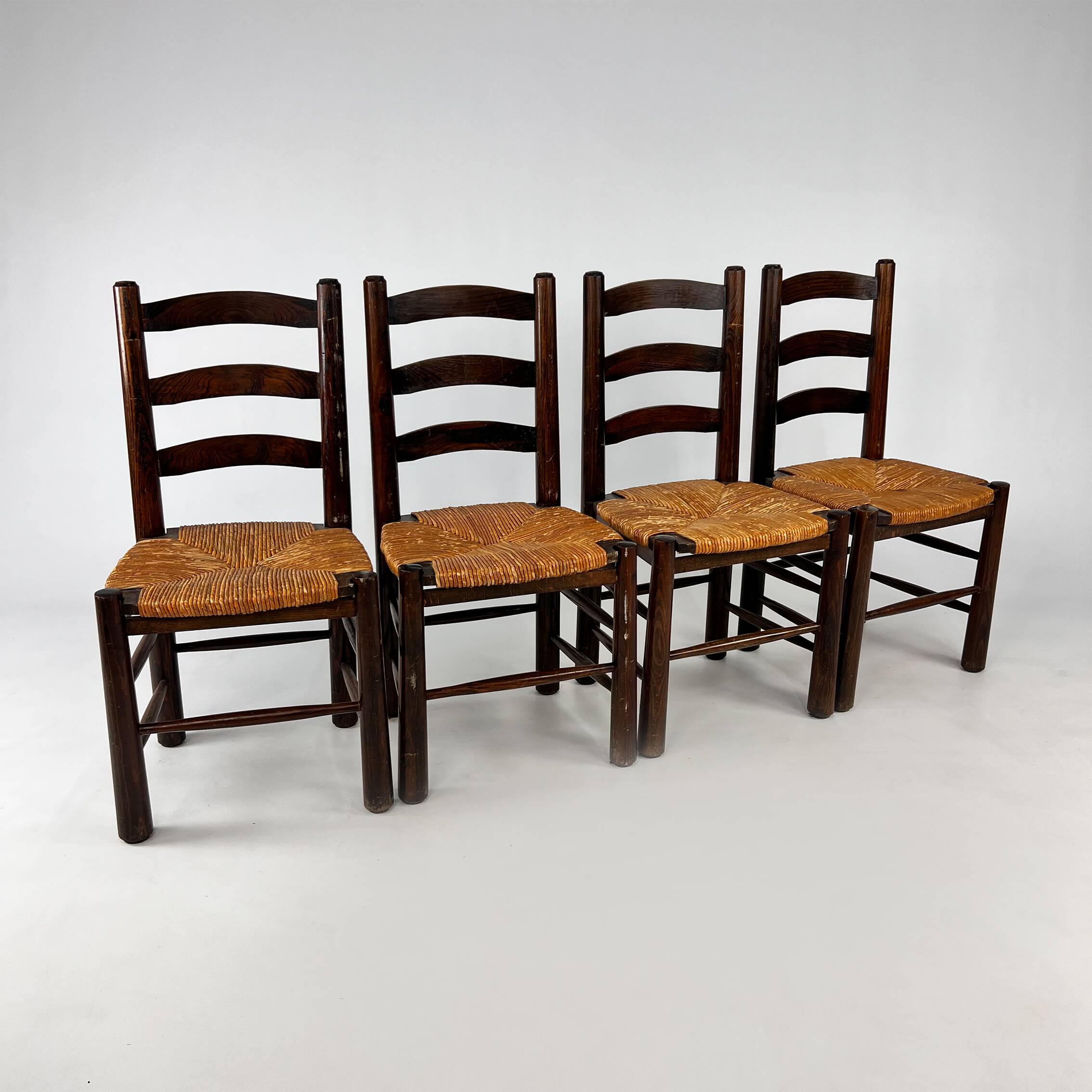 Set of 4 French Pine and Rush Dining Chairs, 1960s
