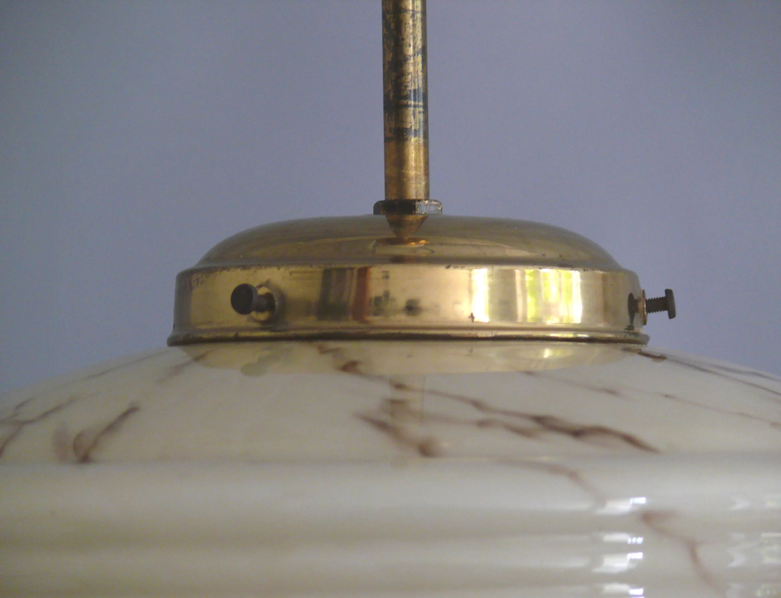 Art Deco Pendant Lamp, Beige Marble, Brass Suspension - 1930s