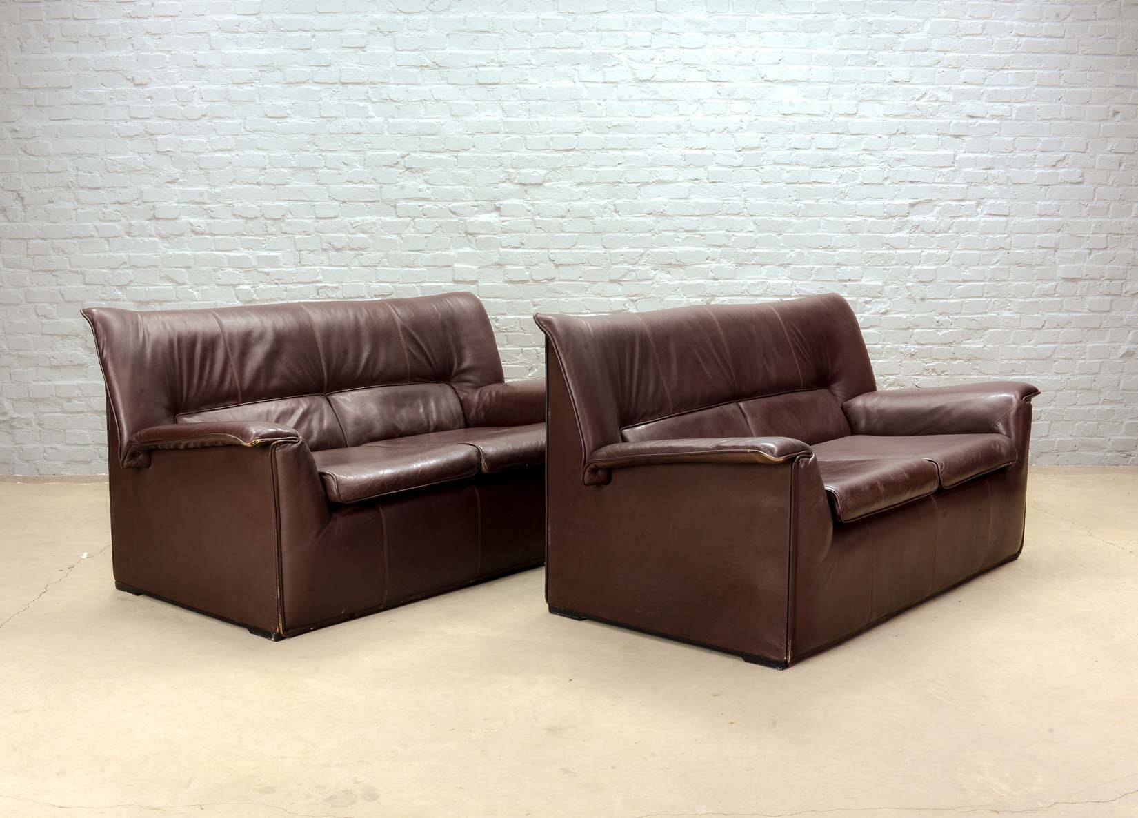 Afra and Tobia Scarpa for B&B Italia Chocolate Brown Leather Two Seat Sofas