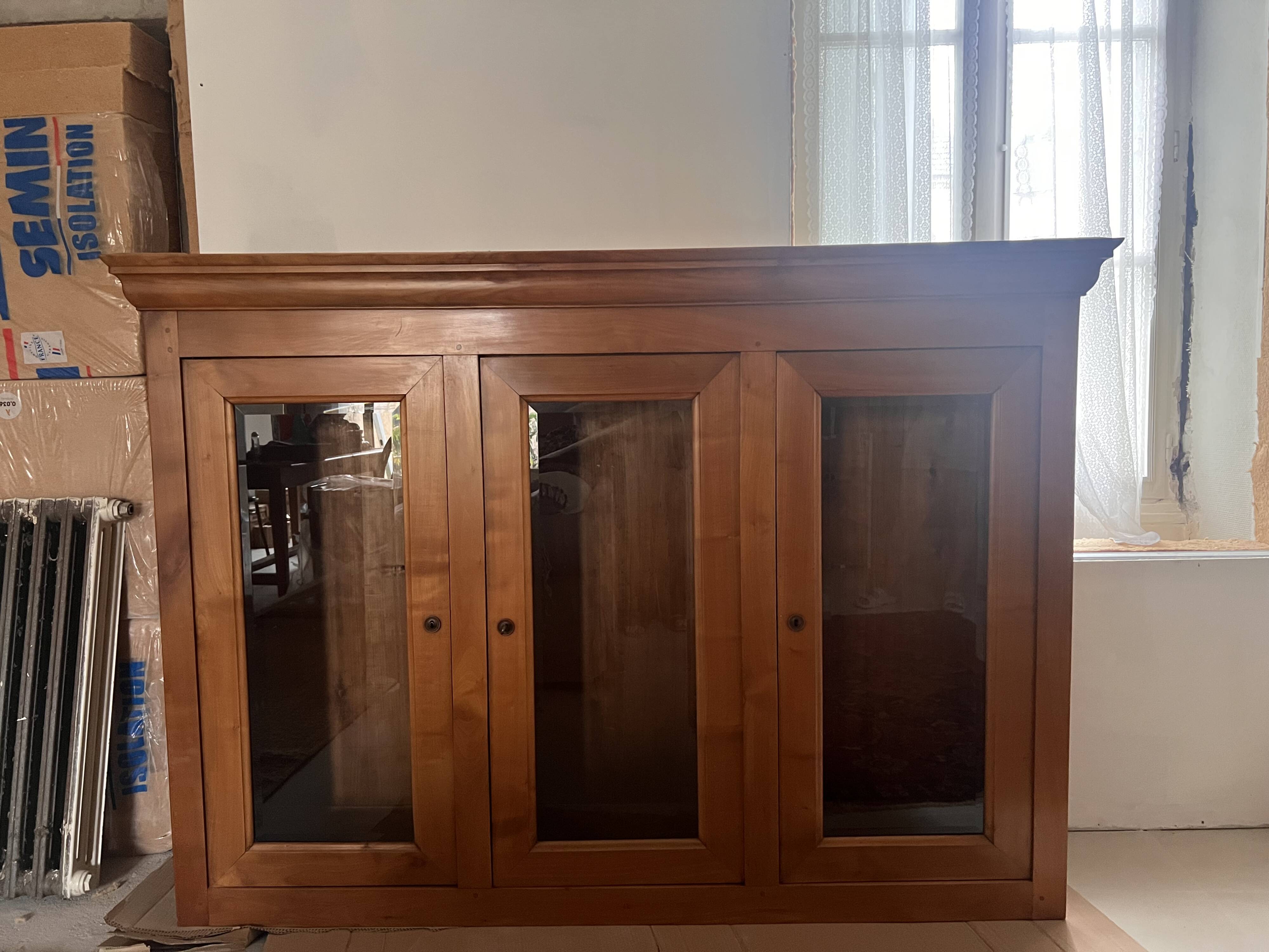Louis Philippe style solid cherry wood buffet and display cabinet set.