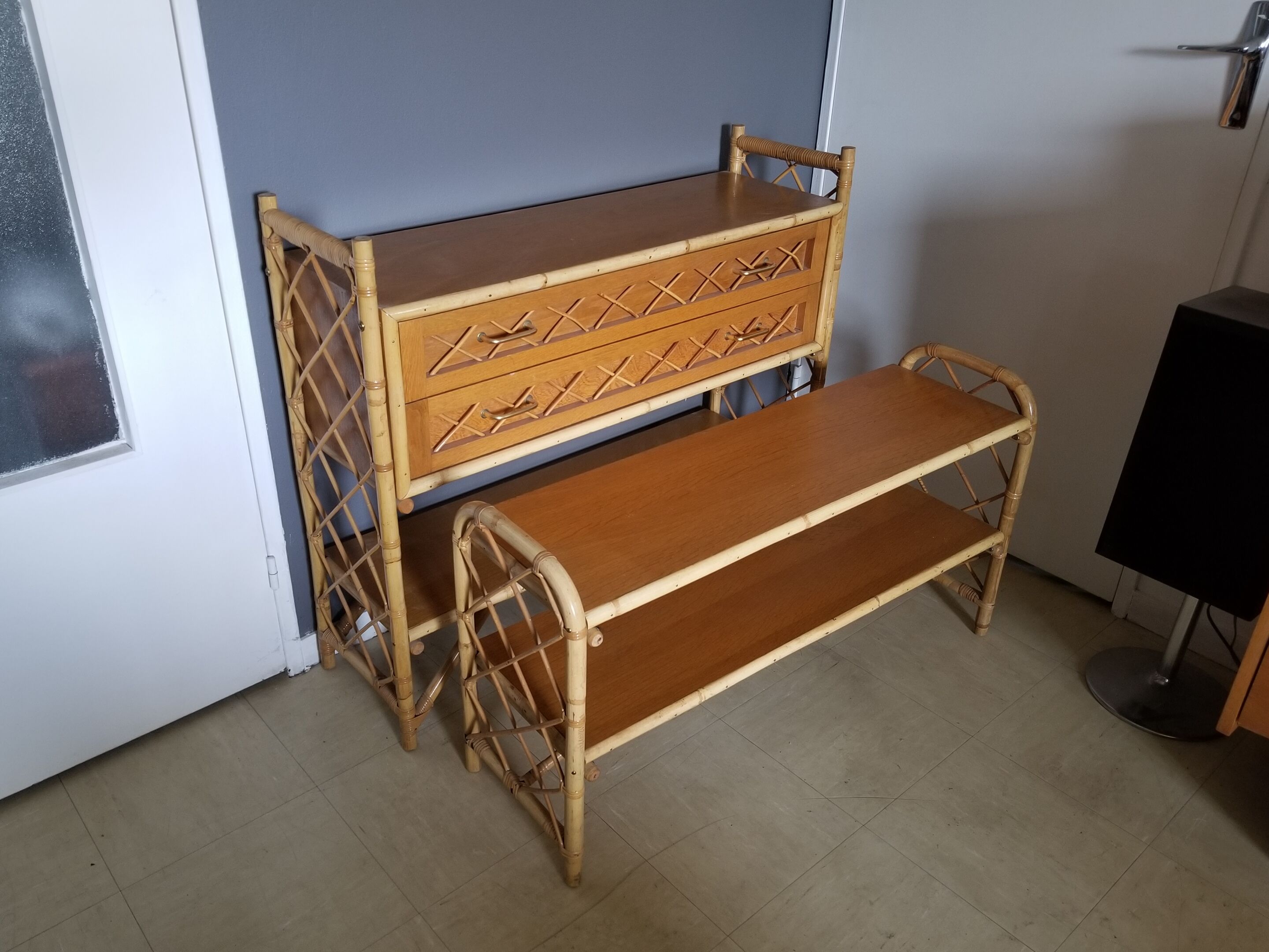 Louis Sognot vintage bamboo and rattan library - 1960s