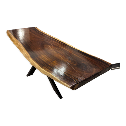 Table tronc d'arbre en bois exotique suar massif avec son piétement métal