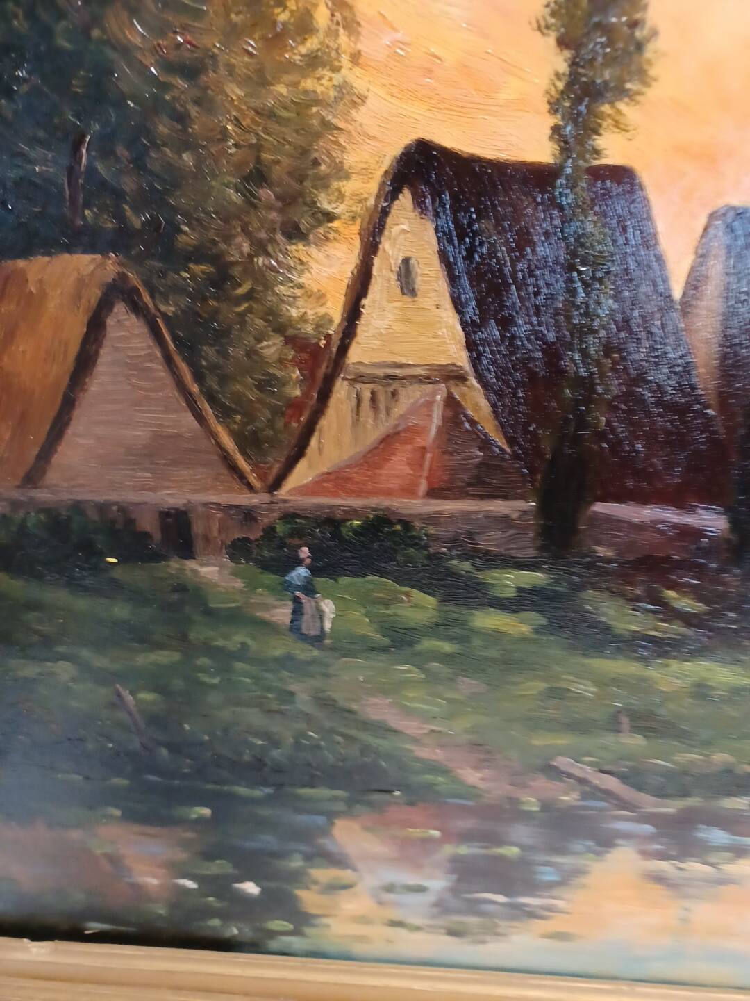 Large painting by Henry Jacques Delpy, Banks of the Seine at Dusk. Early 20th century.