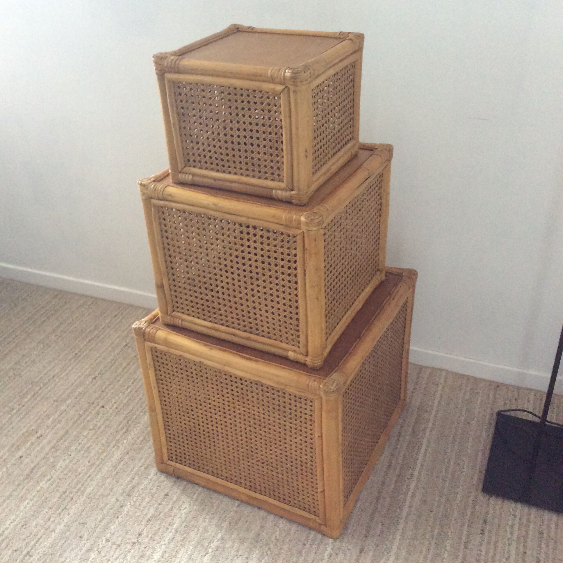 Trio of vintage tables in canning and rattan