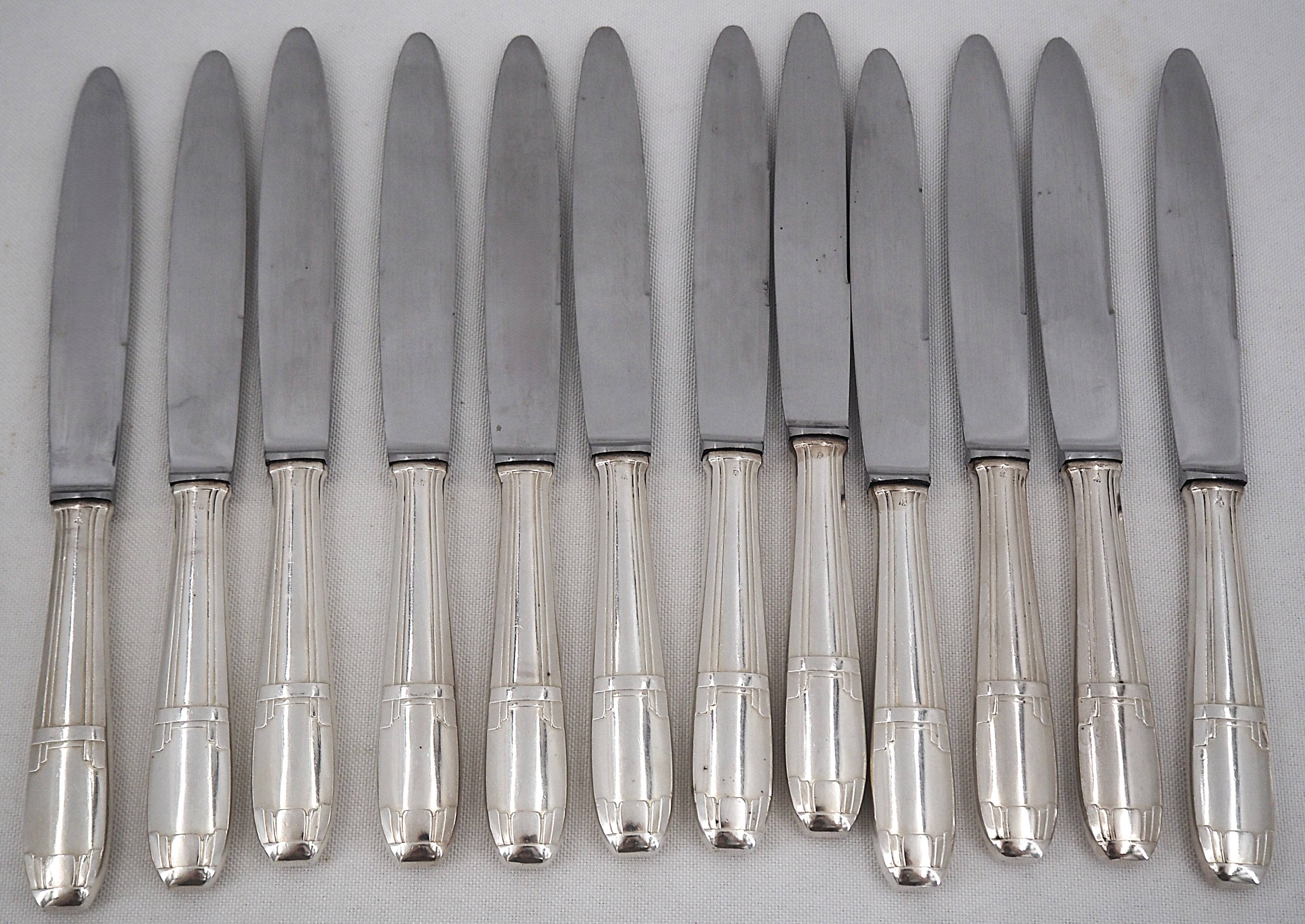 Share Art Deco cutlery set of 79 pieces, knives, silver-plated metal.