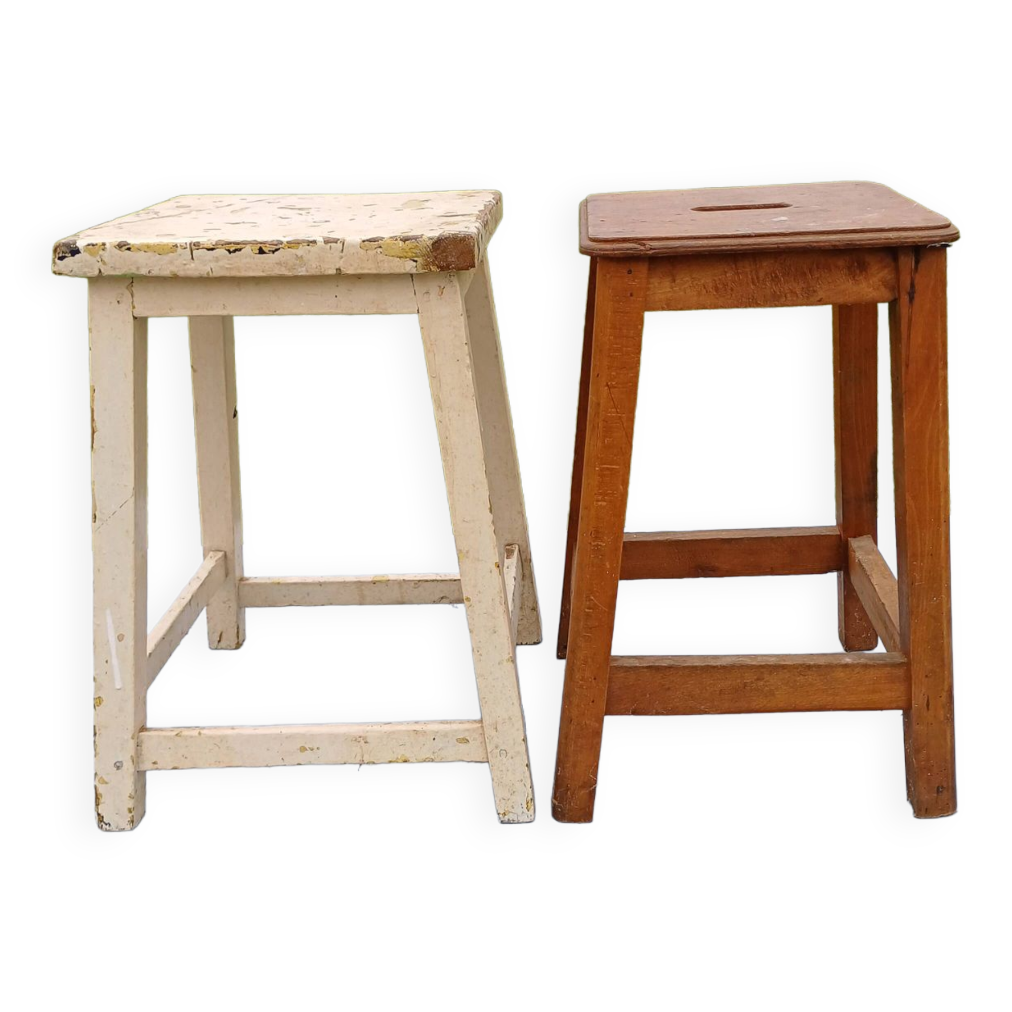 2 wooden workshop stools