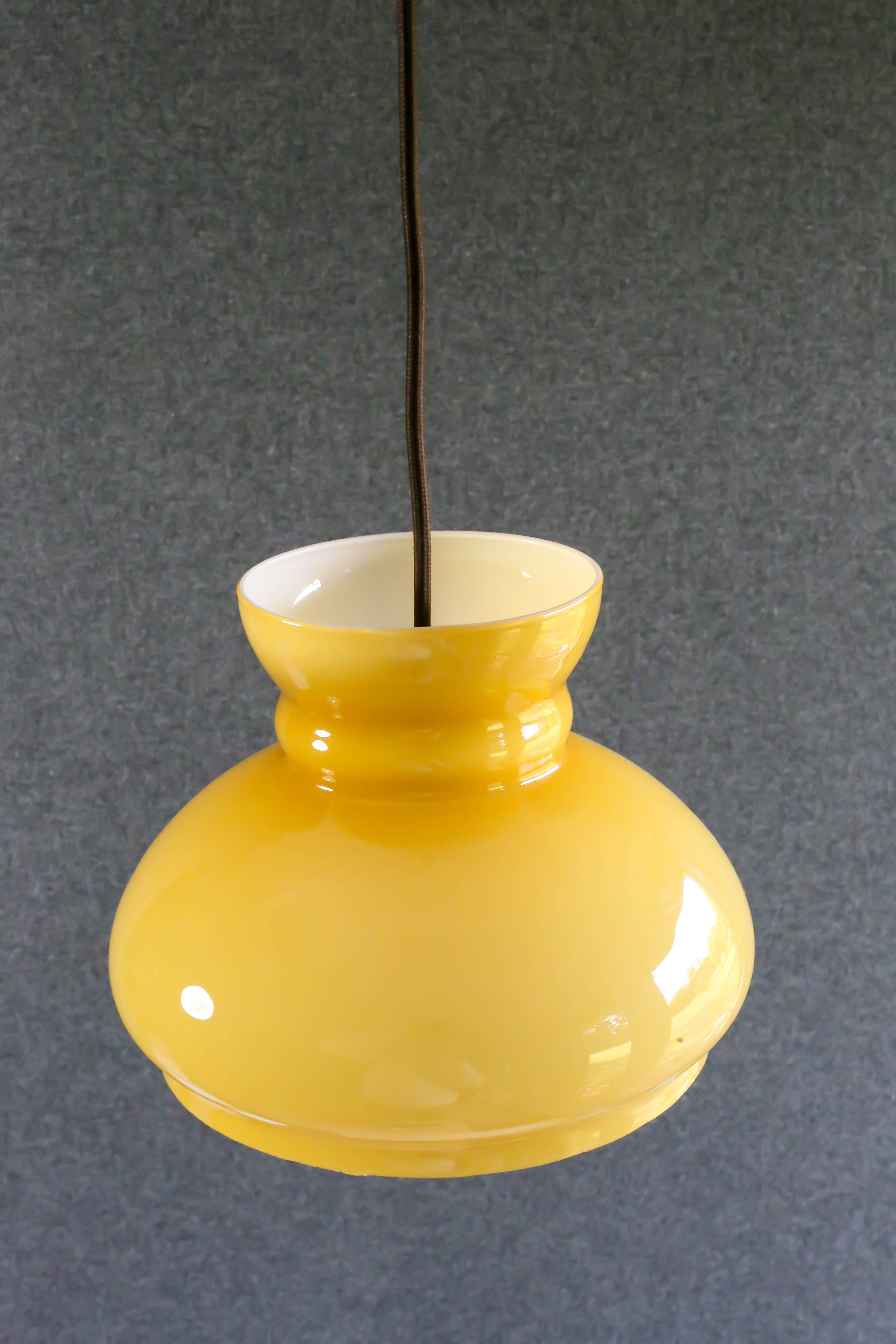 Old yellow glass suspension, mounted with new cable and new socket - circa 1950