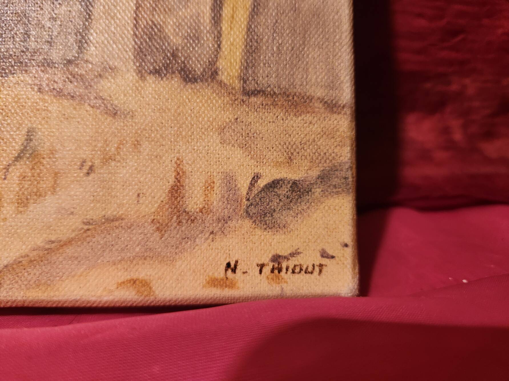 Oil painting on canvas Provence landscape Shepherd sheep signed Thiout