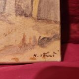 Oil painting on canvas Provence landscape Shepherd sheep signed Thiout