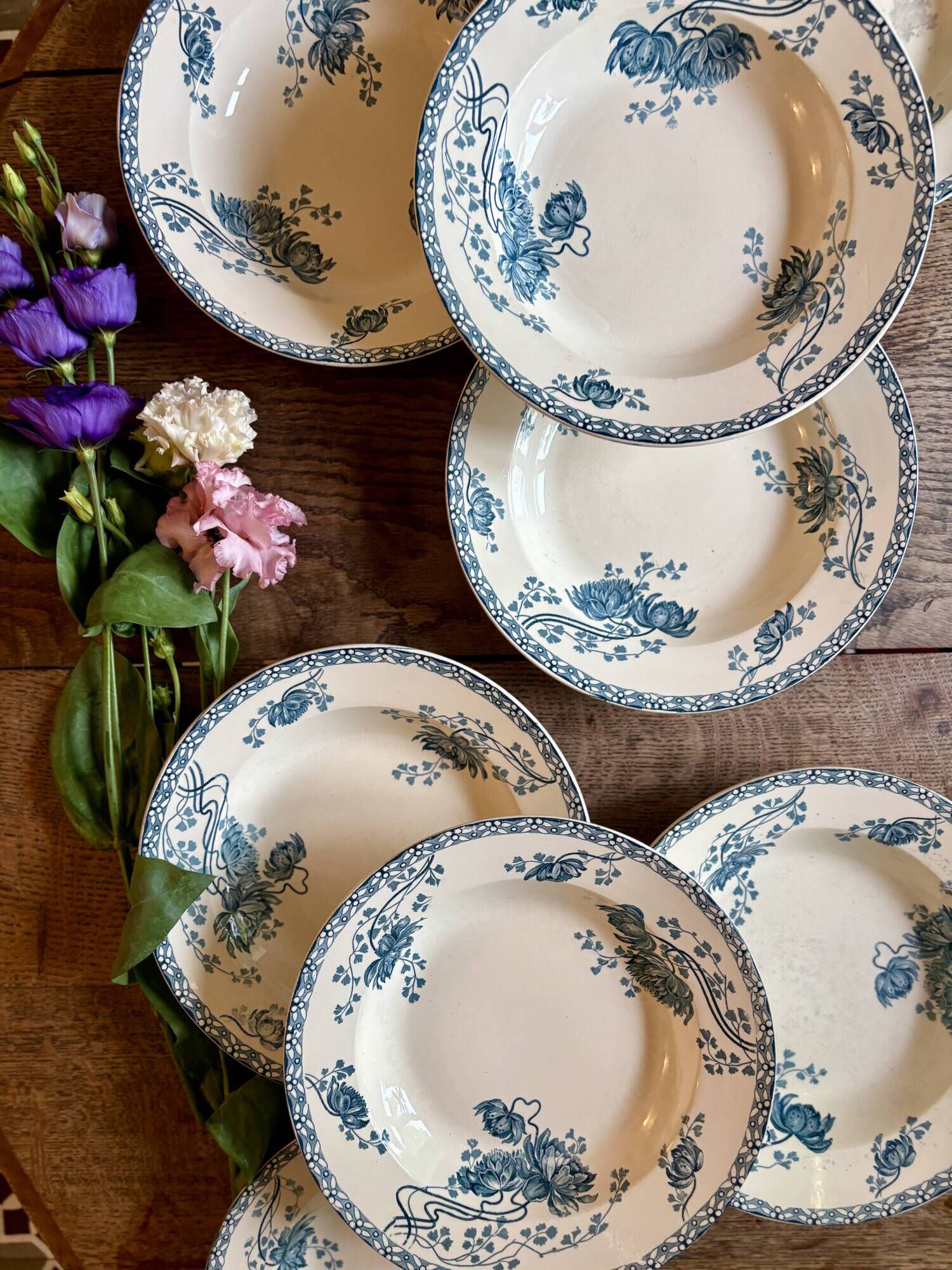 Set of 8 antique deep plates in ironstone, Royat from Sarreguemines.