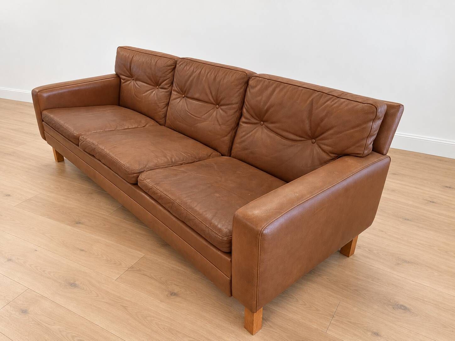 Vintage Scandinavian Peem Oy mid-century 3 person sofa in cognac leather 1960s