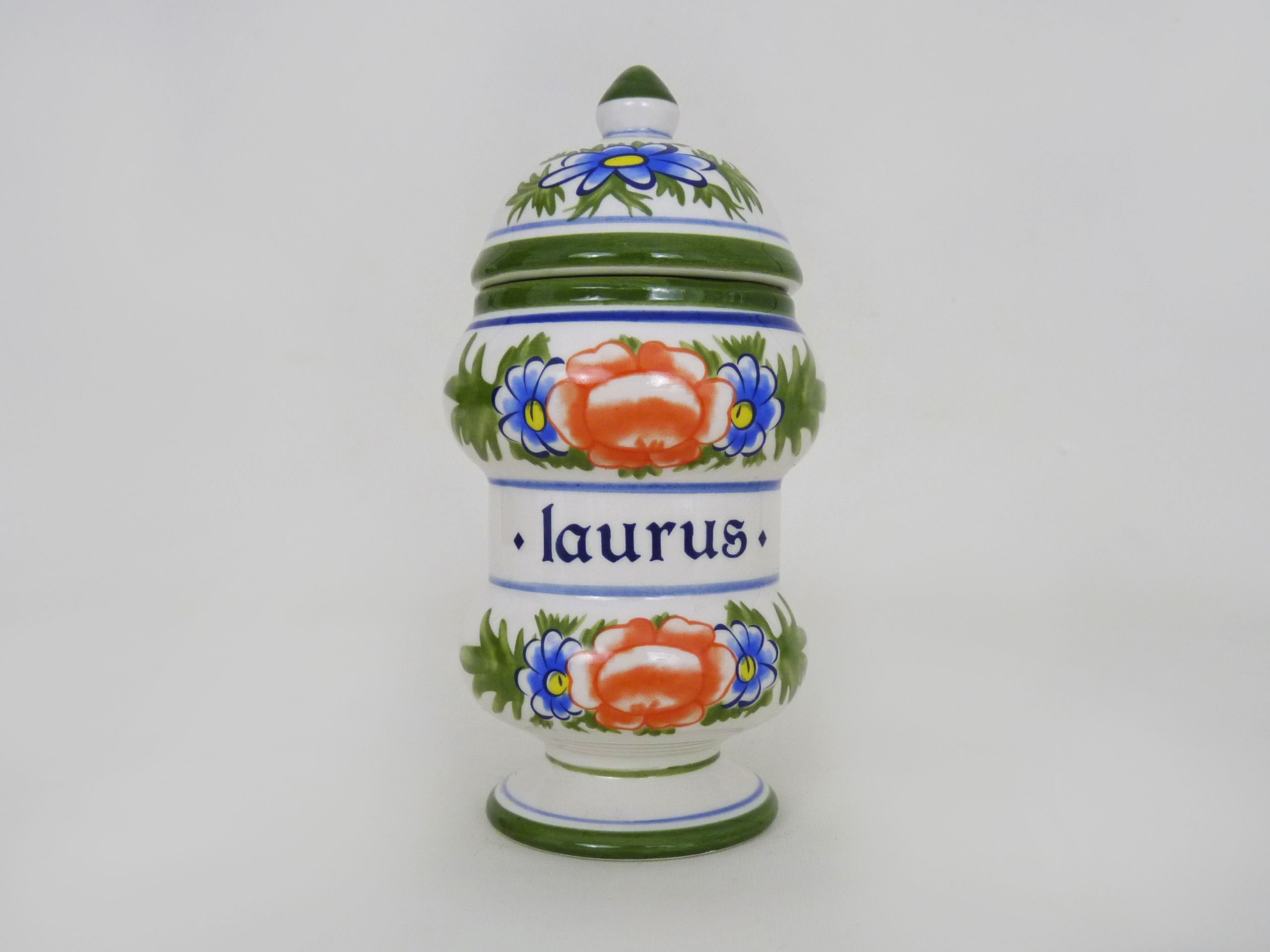 Old apothecary pot, ceramic Laurus medicine jar. Year 70 80
