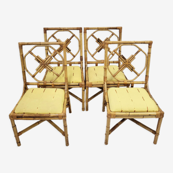 Suite de 4 chaises vintage en rotin & bambou 1950