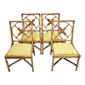 Suite de 4 chaises vintage en rotin & bambou 1950