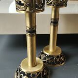 Pair of Hebrew Candlesticks. In antique gold-plated brass. Signed FFS Israel