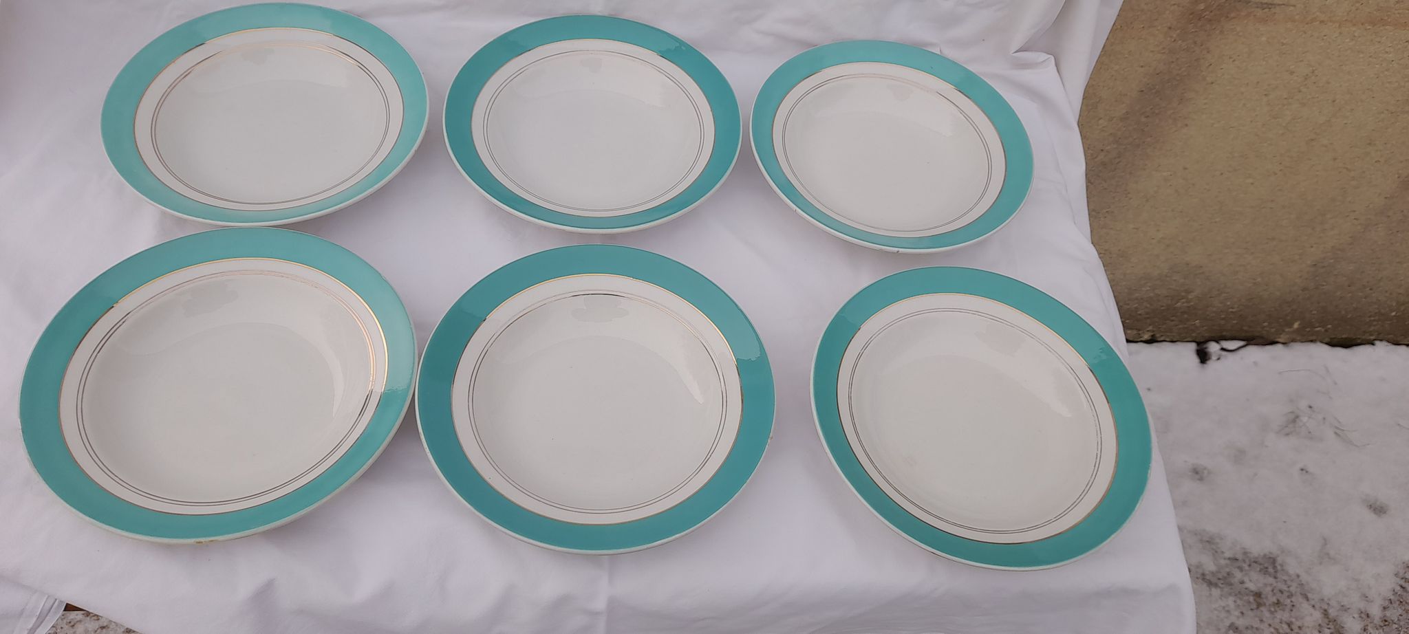 6 hollow plates in opaque porcelain from Badonviller with green marli diam 23 cm