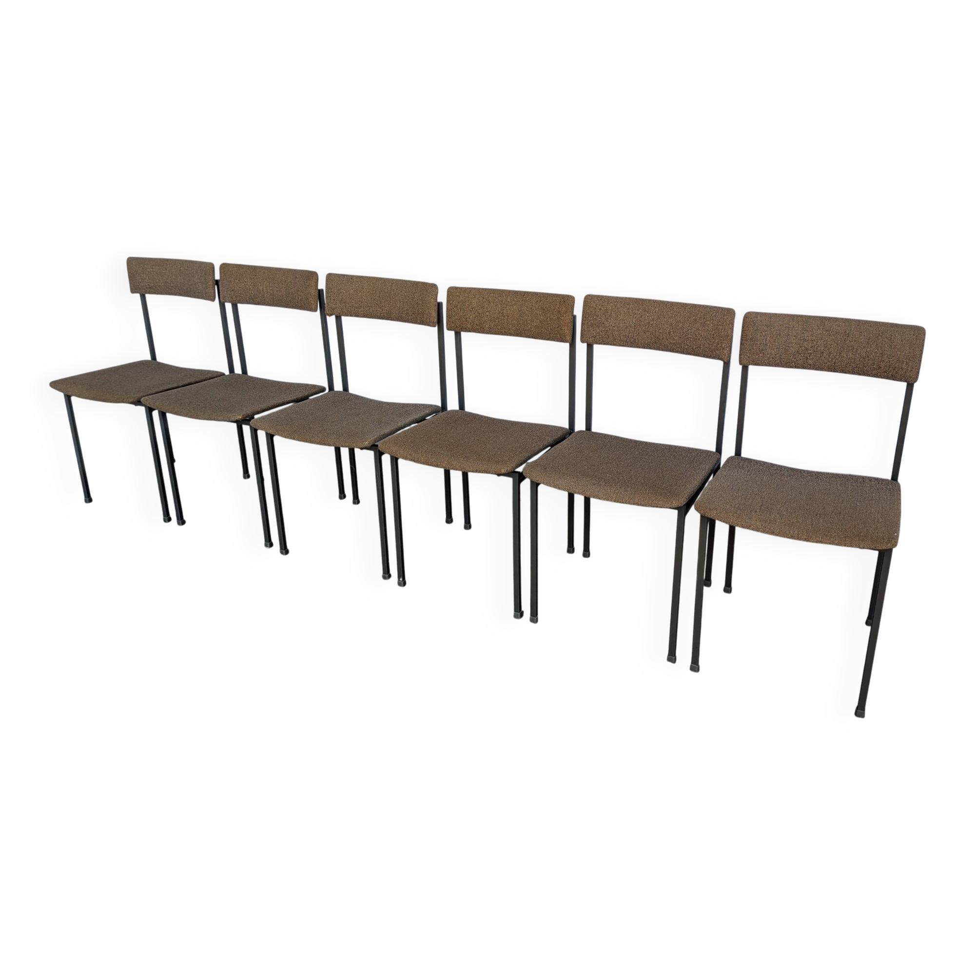 Set of 6 Vintage Industrial School Chairs: Brown Fabric, Black Metal Base
