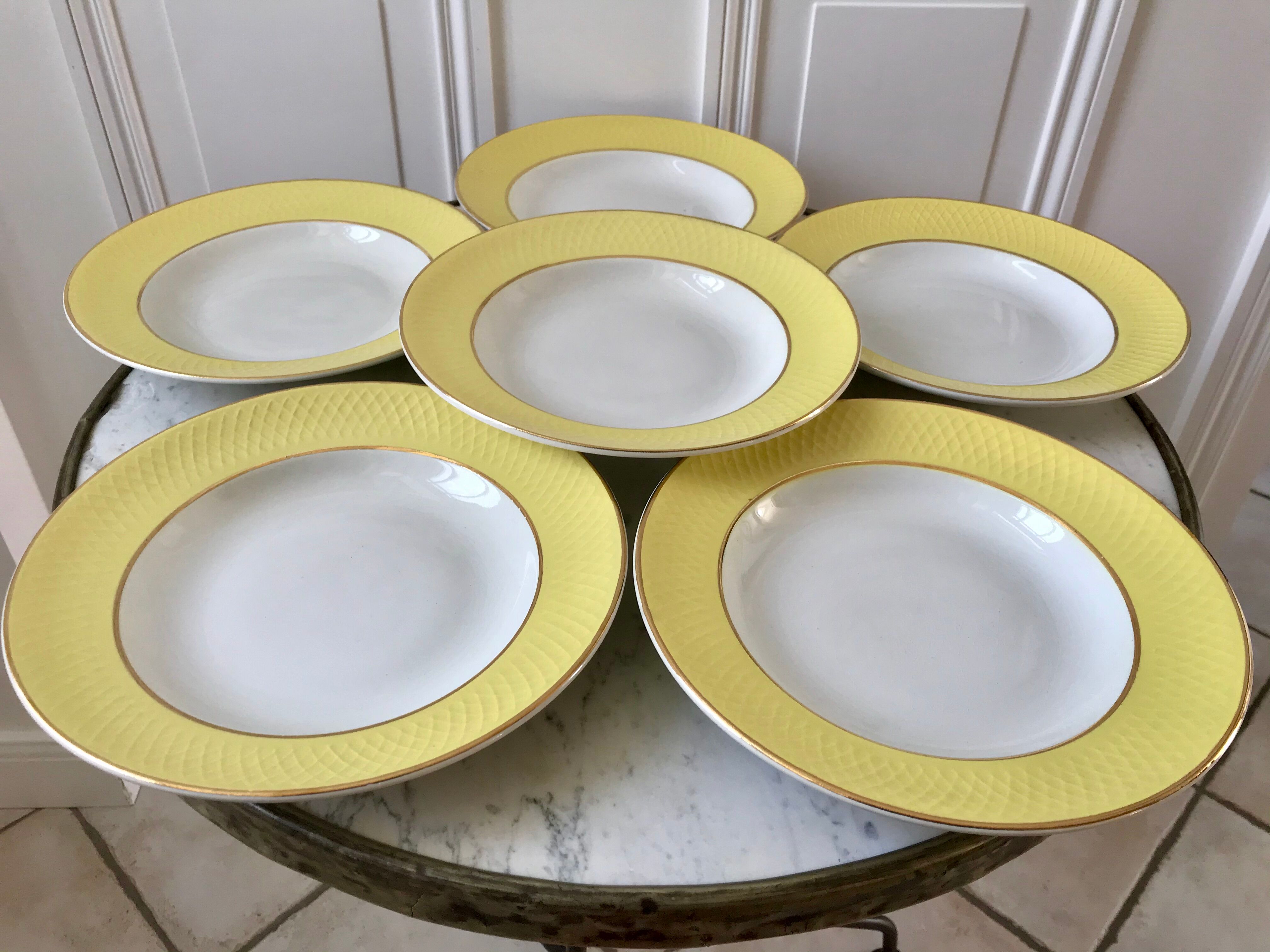 lot of 6 hollow plates Moulin des Loups textured canary yellow 50s
